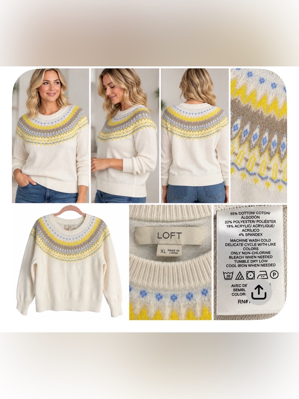 LOFT Fair Isle Sweater XL Ivory Yellow Blue Nordic Crewneck